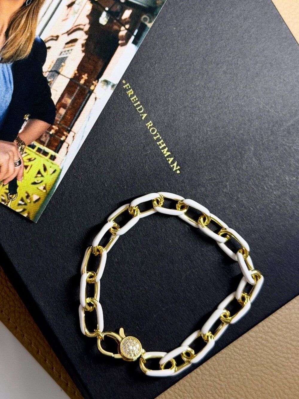 FREIDA ROTHMAN - White and Gold Enamel Bracelet - 7 Inches